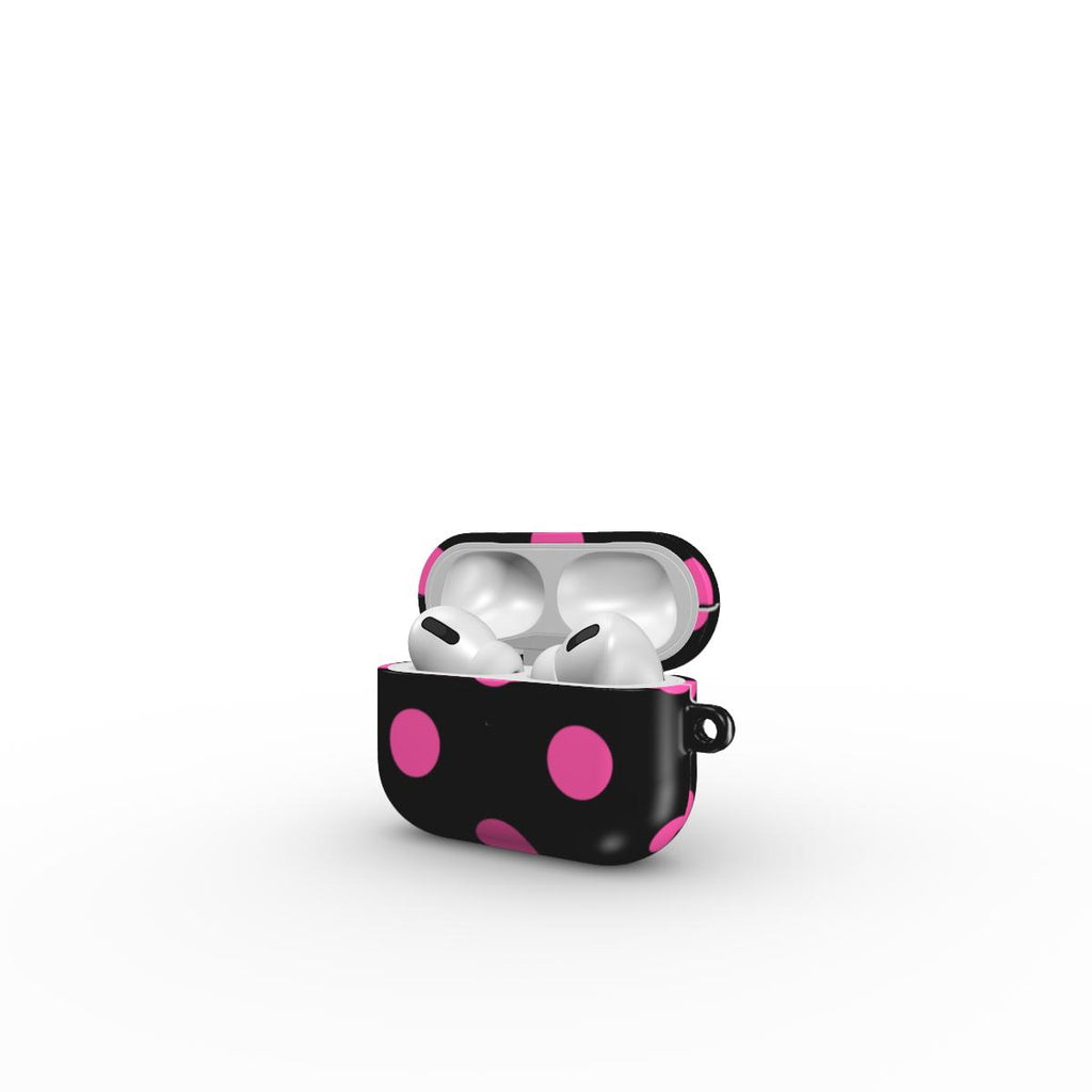 Pink in Black Polka Dots Apple AirPods Tough Case, 3D product render