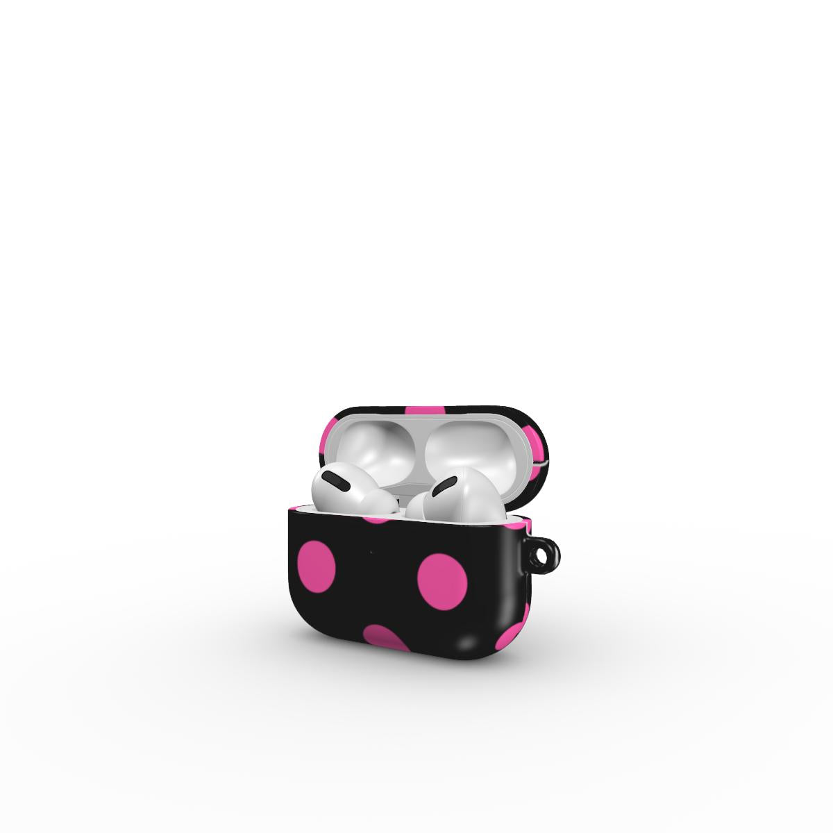 Pink in Black Polka Dots Apple AirPods Tough Case, 3D product render