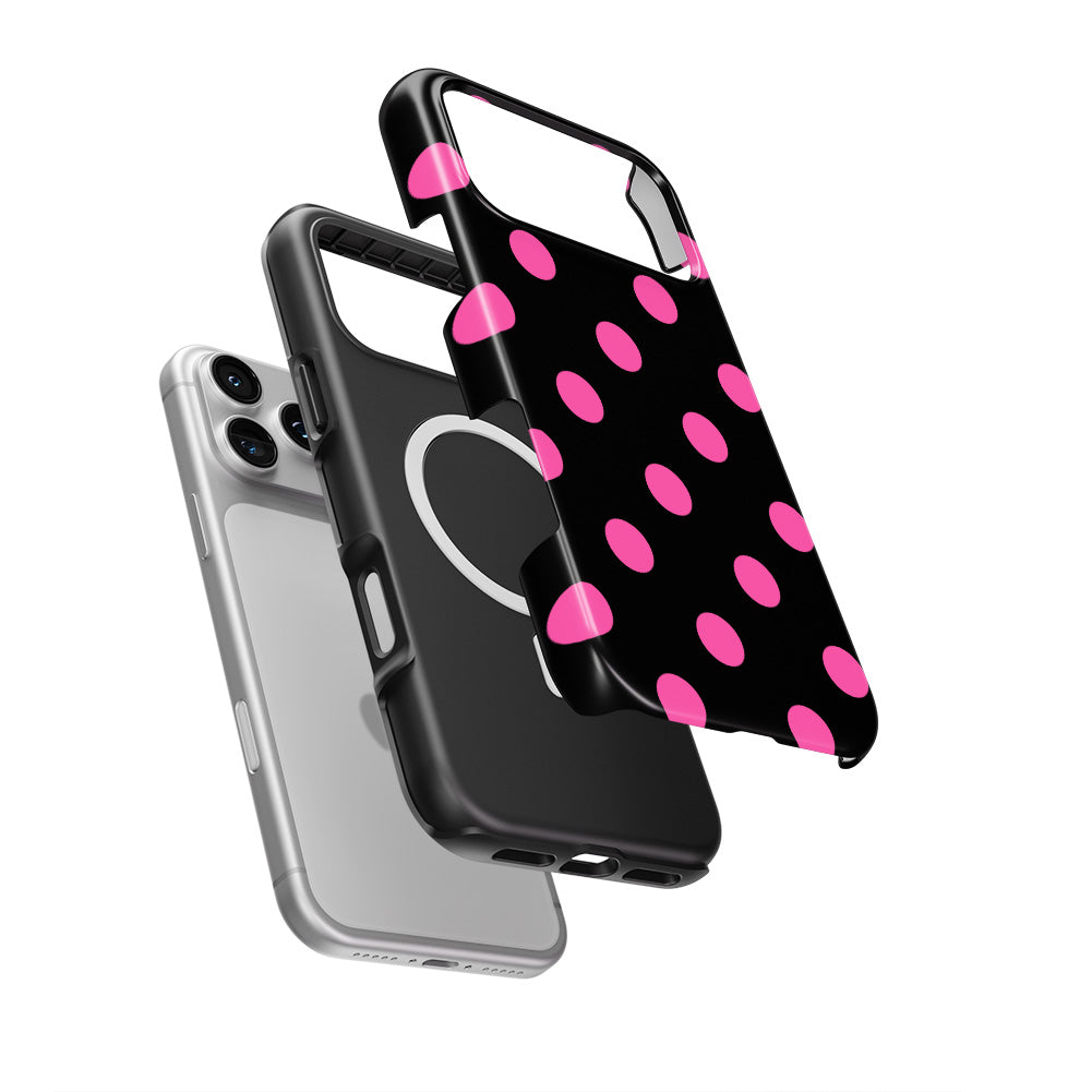 Pink in Black Polka Dots MagSafe Tough Phone Case — case separated from phone, MagSafe ring visible