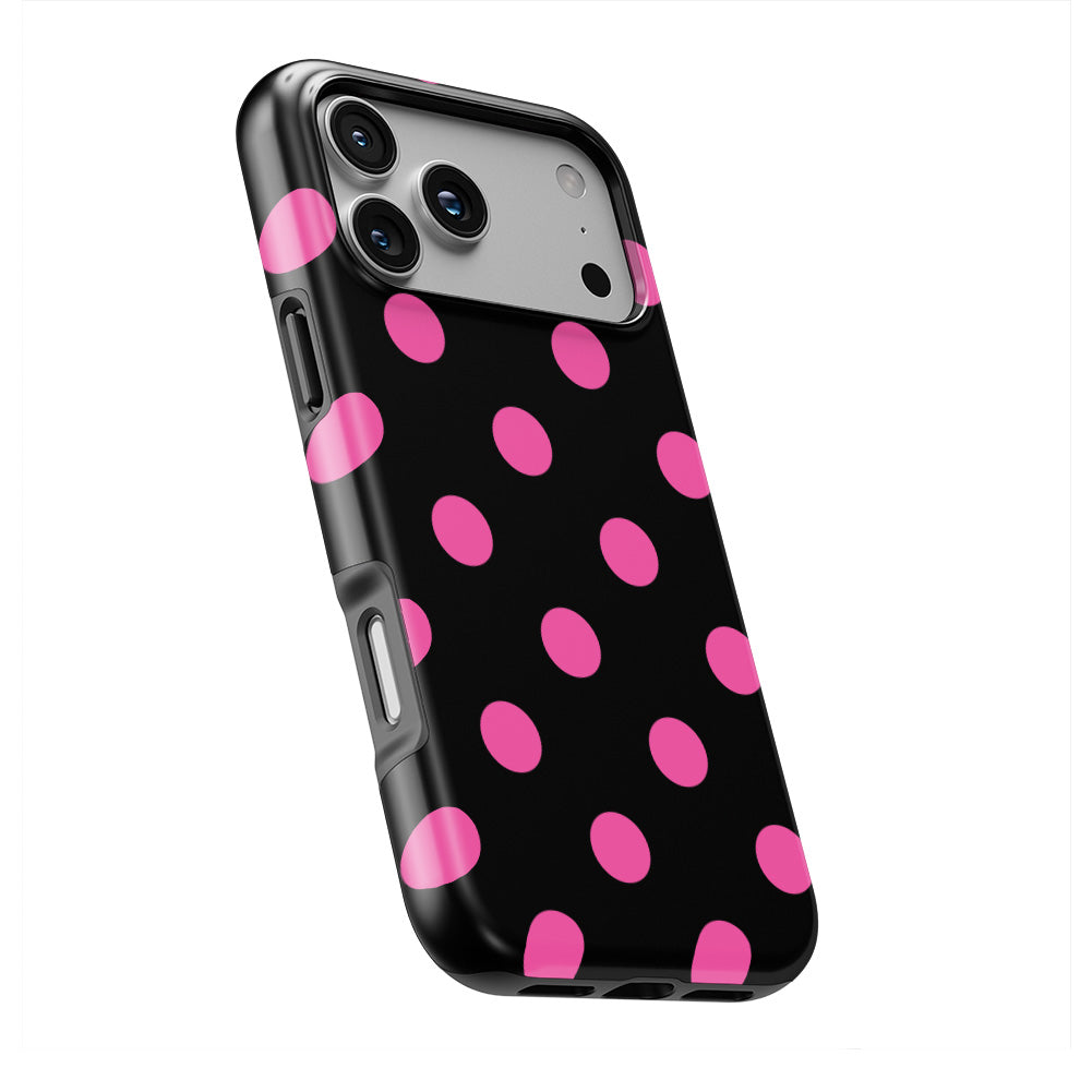 Pink in Black Polka Dots phone case — slight angle, side edge visible