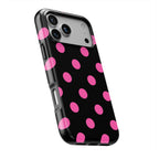 Pink in Black Polka Dots phone case — slight angle, side edge visible