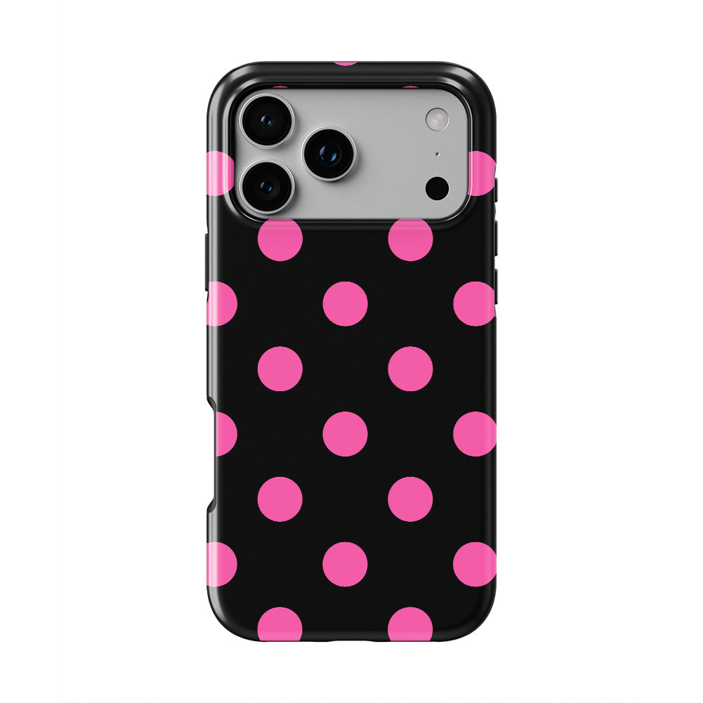 Pink in Black Polka Dots phone case — back view, full print