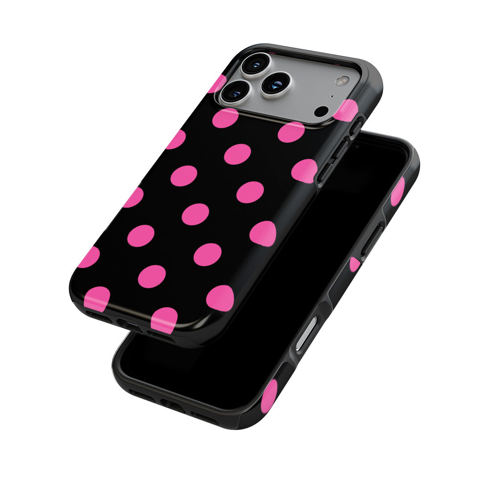 Pink in Black Polka Dots phone case — front and back