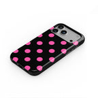 Pink in Black Polka Dots phone case — steep top-down angle, case lying face up