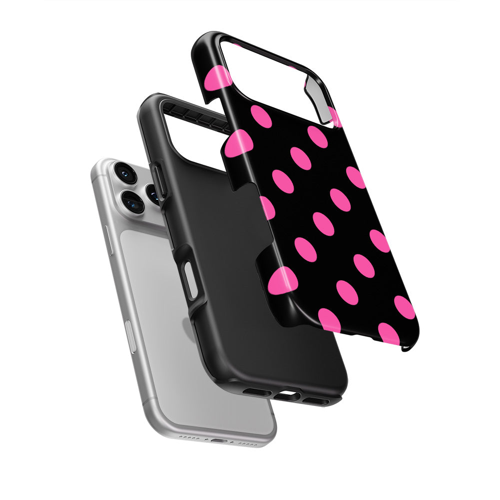 Pink in Black Polka Dots Tough Phone Case — hard outer shell and inner liner separated