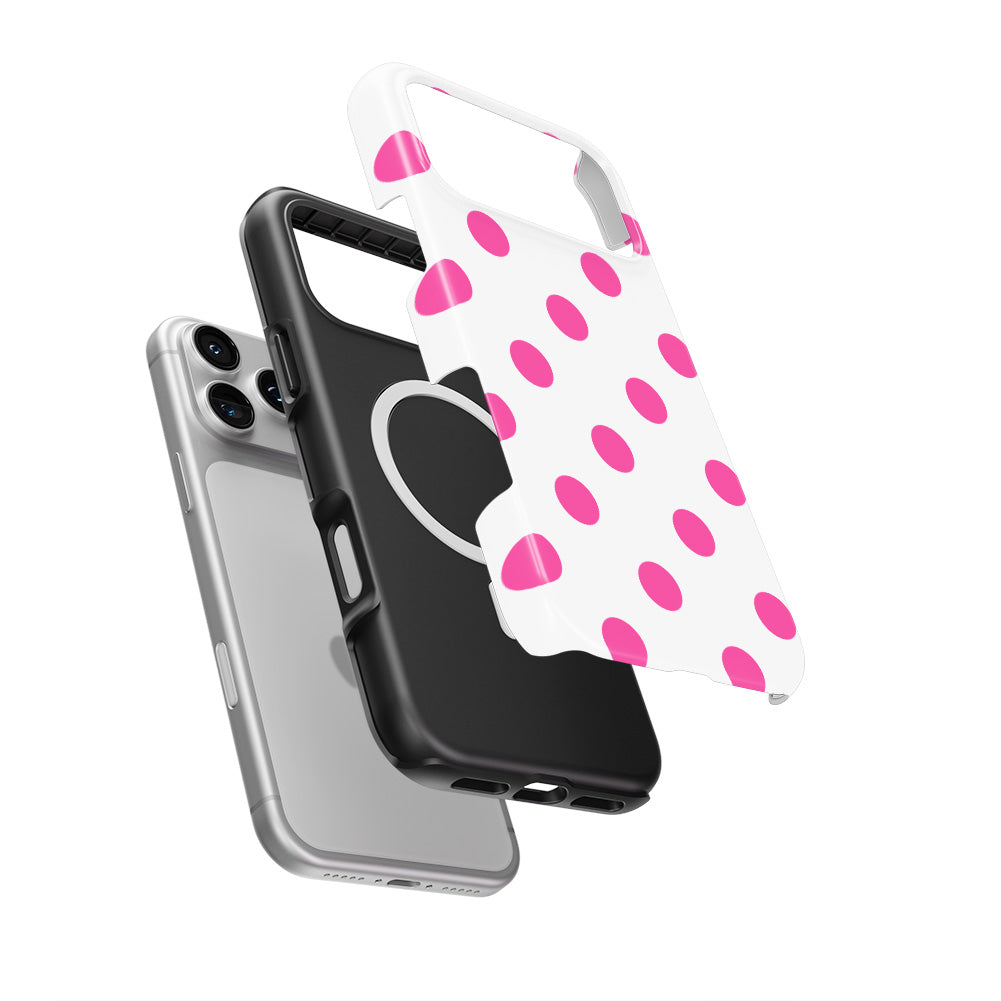 Pink in White Polka Dots MagSafe Tough Phone Case — case separated from phone, MagSafe ring visible