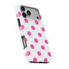 Pink in White Polka Dots phone case — slight angle, side edge visible