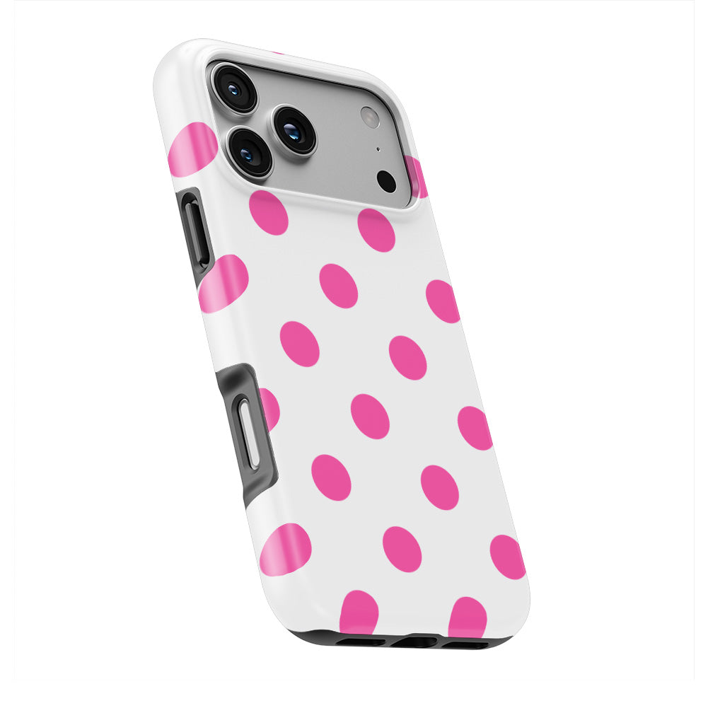 Pink in White Polka Dots phone case — slight angle, side edge visible