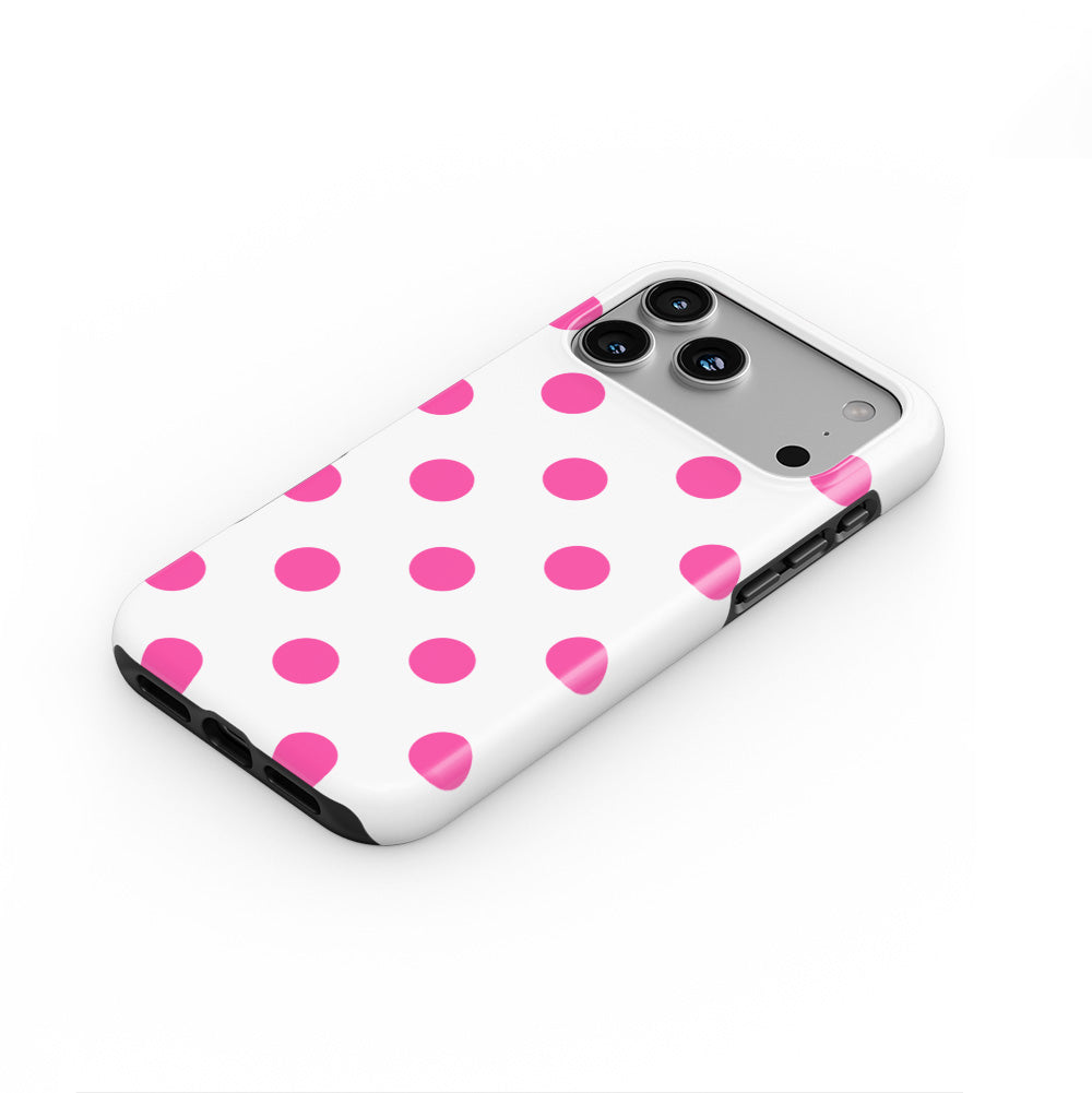 Pink in White Polka Dots phone case — steep top-down angle, case lying face up
