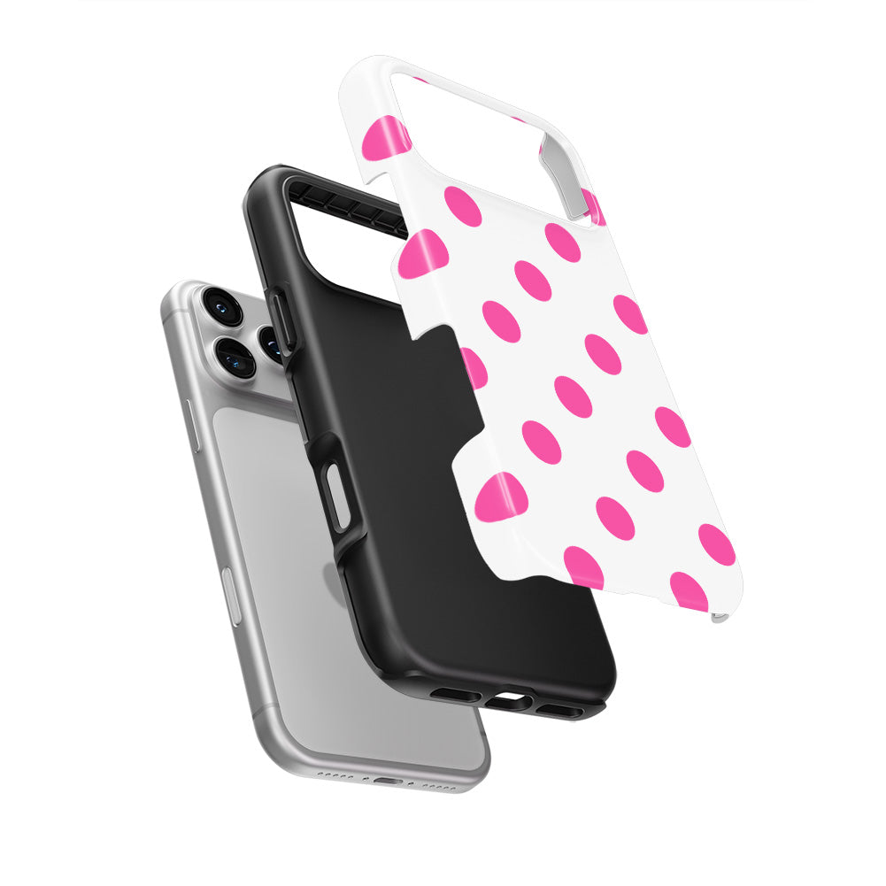 Pink in White Polka Dots Tough Phone Case — hard outer shell and inner liner separated