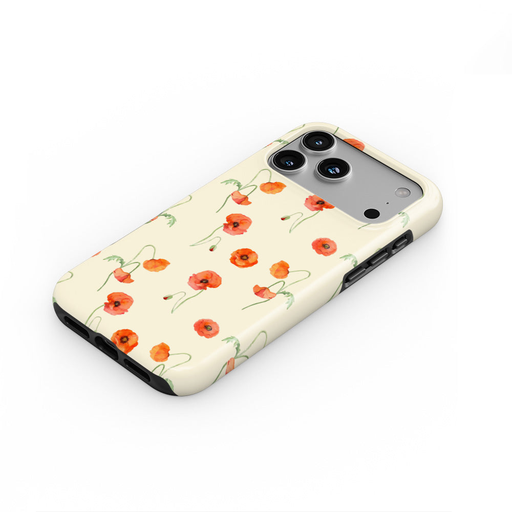 Poppy Floral phone case — steep top-down angle, case lying face up