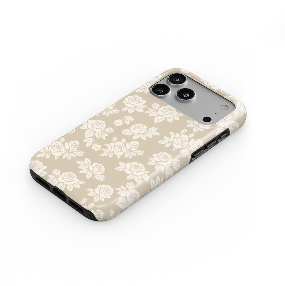 Rose Beige Pattern Floral phone case — steep top-down angle, case lying face up