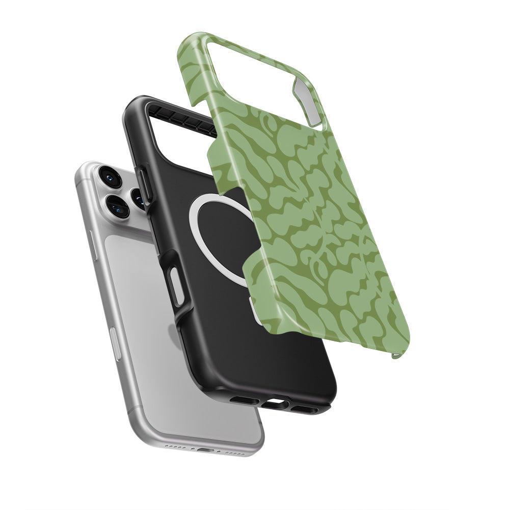 Sage in Olive Abstract Leaf MagSafe Tough Phone Case — case separated from phone, MagSafe ring visible