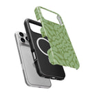 Sage in Olive Abstract Leaf MagSafe Tough Phone Case — case separated from phone, MagSafe ring visible