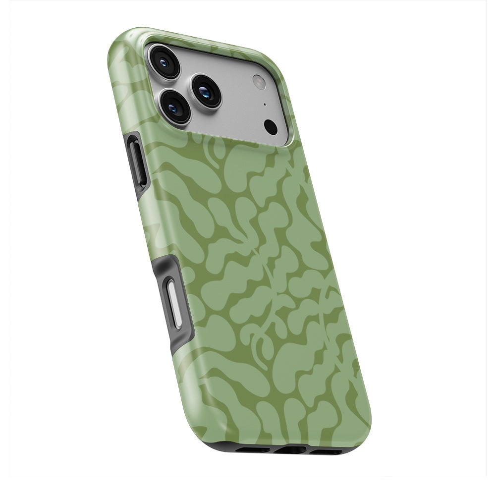 Sage in Olive Abstract Leaf phone case — slight angle, side edge visible