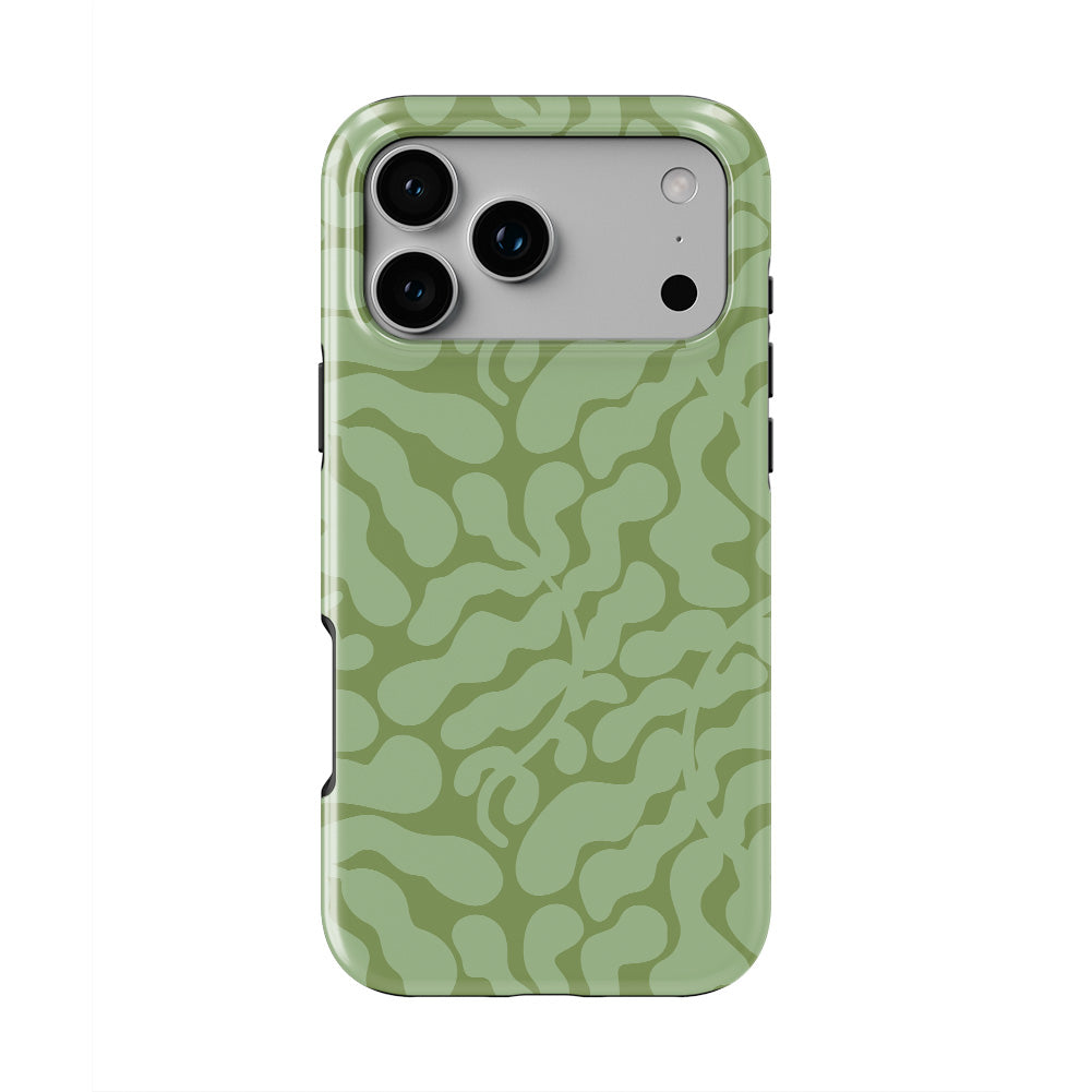 Sage in Olive Abstract Leaf phone case — back view, full print