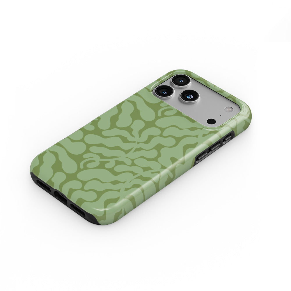Sage in Olive Abstract Leaf phone case — steep top-down angle, case lying face up