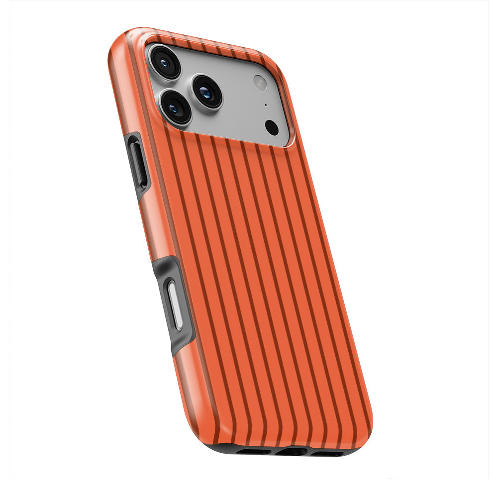 Topaze Orange Stripes phone case — slight angle, side edge visible