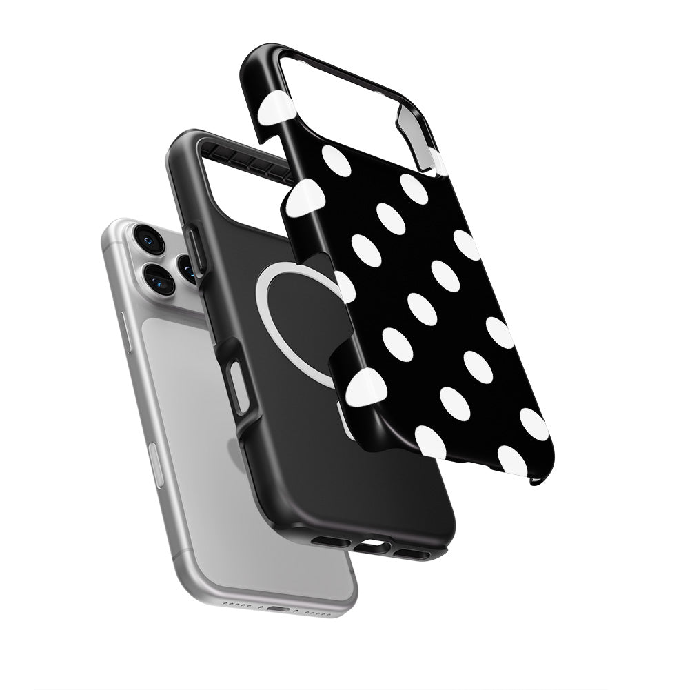 White in Black Polka Dots MagSafe Tough Phone Case — case separated from phone, MagSafe ring visible