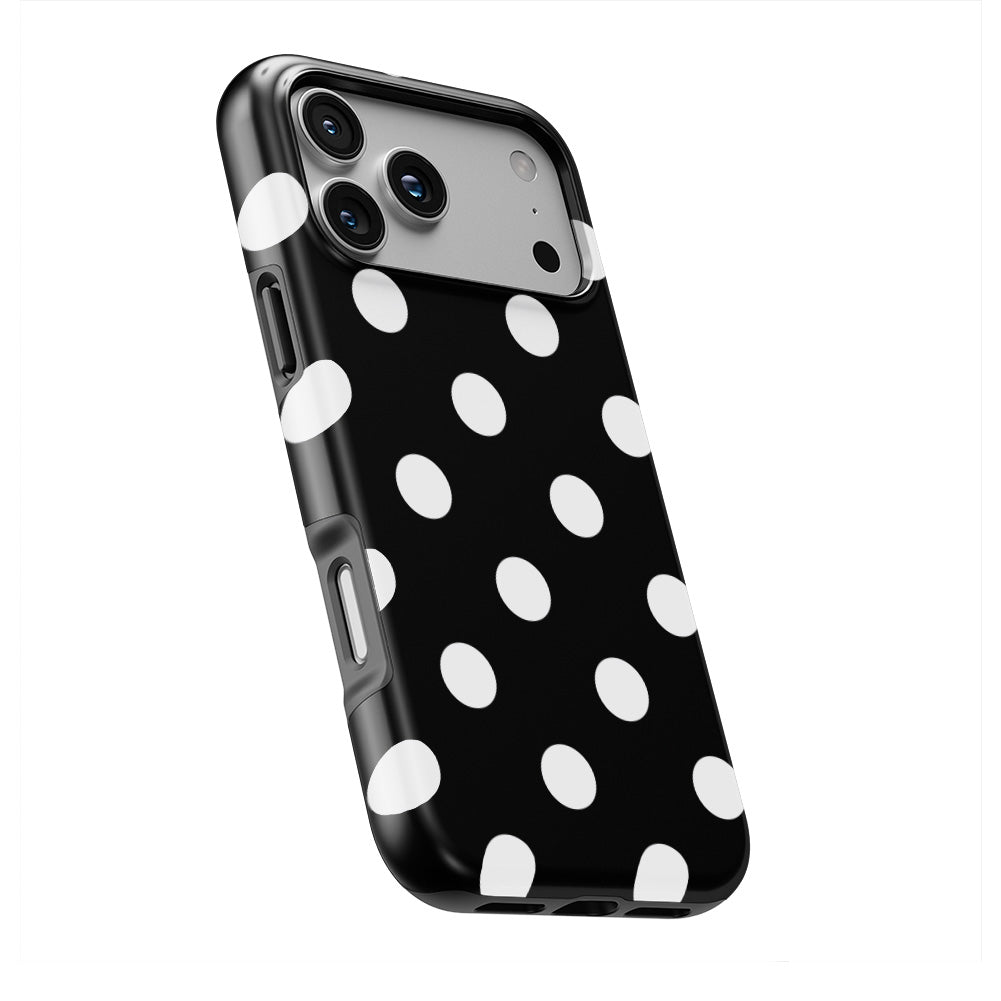 White in Black Polka Dots phone case — slight angle, side edge visible