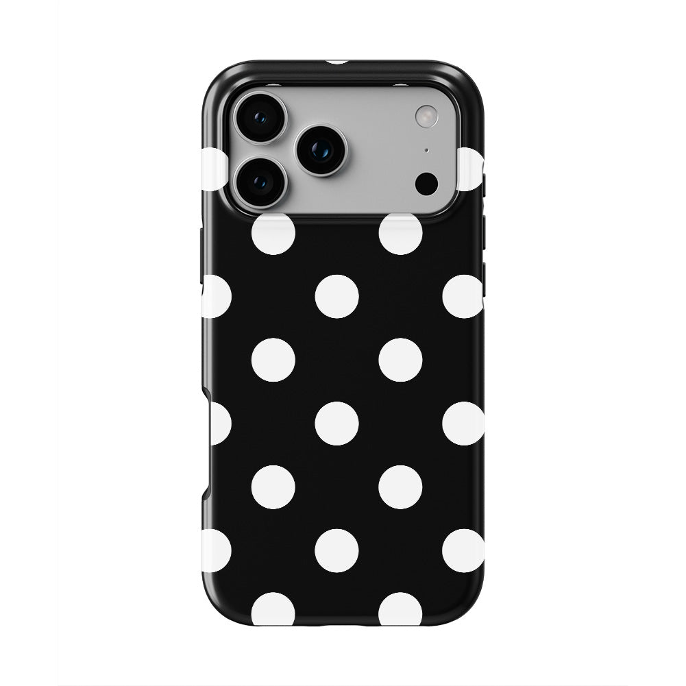 White in Black Polka Dots phone case — back view, full print
