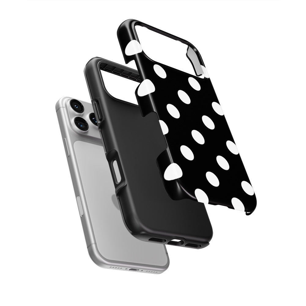 White in Black Polka Dots Tough Phone Case — hard outer shell and inner liner separated